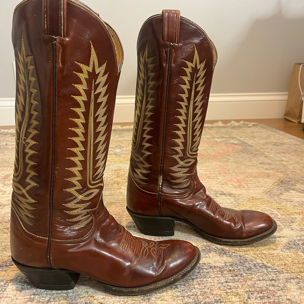 Tony Lama Brown and Gold Cowboy Boots with Intricate Stitching